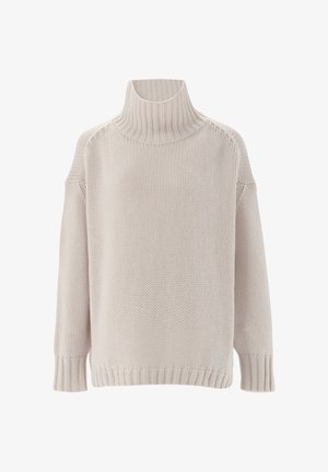 Light beige knitted turtleneck sweater with a relaxed fit, featuring ribbed cuffs and hem, and a textured pattern throughout.