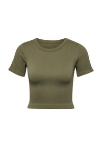 Olijfgroene geribbelde cropped top met korte mouwen en een ronde halslijn. De stof heeft een gladde textuur en een nauwsluitend ontwerp.