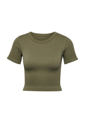 Olijfgroene geribbelde cropped top met korte mouwen en een ronde halslijn. De stof heeft een gladde textuur en een nauwsluitend ontwerp.