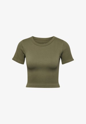 Olijfgroene geribbelde cropped top met korte mouwen en een ronde halslijn. De stof heeft een gladde textuur en een nauwsluitend ontwerp.