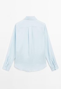 Light blue long-sleeve shirt with a pointed collar, back pleat, curved hem, and buttoned cuffs. Smooth fabric with a subtle sheen.