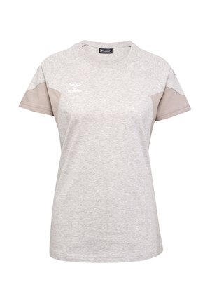 Graham T-Shirt aus einem Baumwollmischgewebe mit kurzen Ärmeln, mit helltaupefarbenen Akzenten an den Schultern und einem Logo auf der Brust.