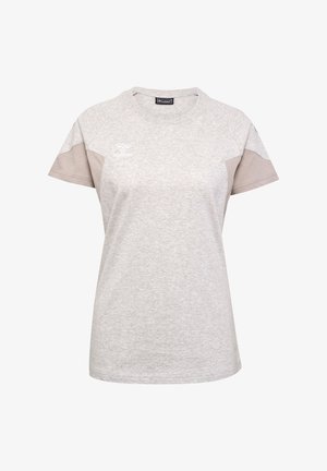 Graham T-Shirt aus einem Baumwollmischgewebe mit kurzen Ärmeln, mit helltaupefarbenen Akzenten an den Schultern und einem Logo auf der Brust.