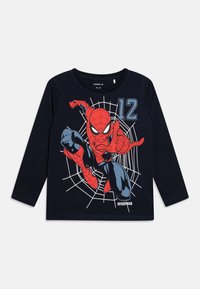 Long-sleeve navy shirt featuring a red Spider-Man graphic on a web, numbered "12" in light blue, with a "SPIDERMAN" label at the bottom.