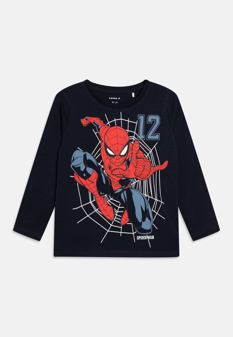 Long-sleeve navy shirt featuring a red Spider-Man graphic on a web, numbered "12" in light blue, with a "SPIDERMAN" label at the bottom.