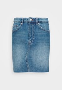 Džínová tužková sukně ve světle modré barvě. Má pět kapes, páskové smyčky a zapínání na knoflík. Hladký povrch s vybledlým vzhledem.