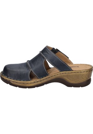 Navy leather sandal with two open straps and a closed toe. Features a textured brown wedge sole and light stitching accents.