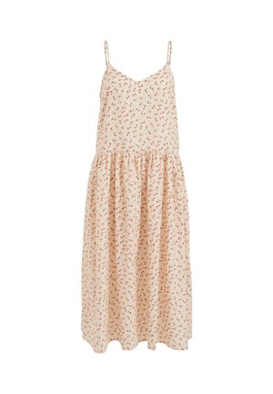Light beige midi dress with thin straps and small red floral print, featuring a gathered waist and loose skirt.
