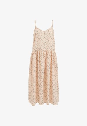 Light beige midi dress with thin straps and small red floral print, featuring a gathered waist and loose skirt.
