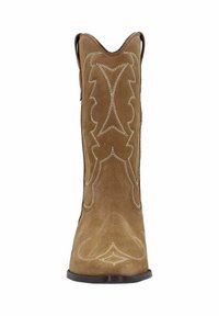Brown suede cowboy boot with decorative white stitching, pointed toe, and a medium heel; features a pull tab at the collar for easy wear.
