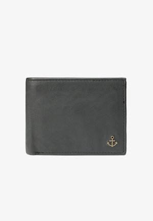 Gray leather wallet with a smooth texture, featuring an embossed anchor detail and contrasting stitching along the edges.