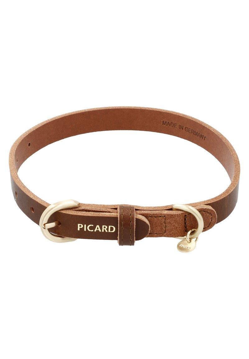Brown leather belt with a smooth finish, gold-tone hardware, a circular buckle, and an embossed label reading "PICARD." Made in Germany.