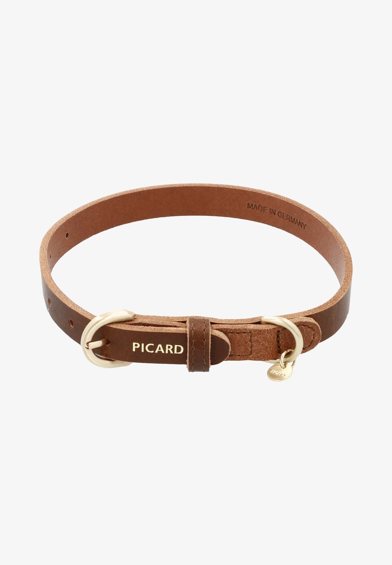 Brown leather belt with a smooth finish, gold-tone hardware, a circular buckle, and an embossed label reading "PICARD." Made in Germany.