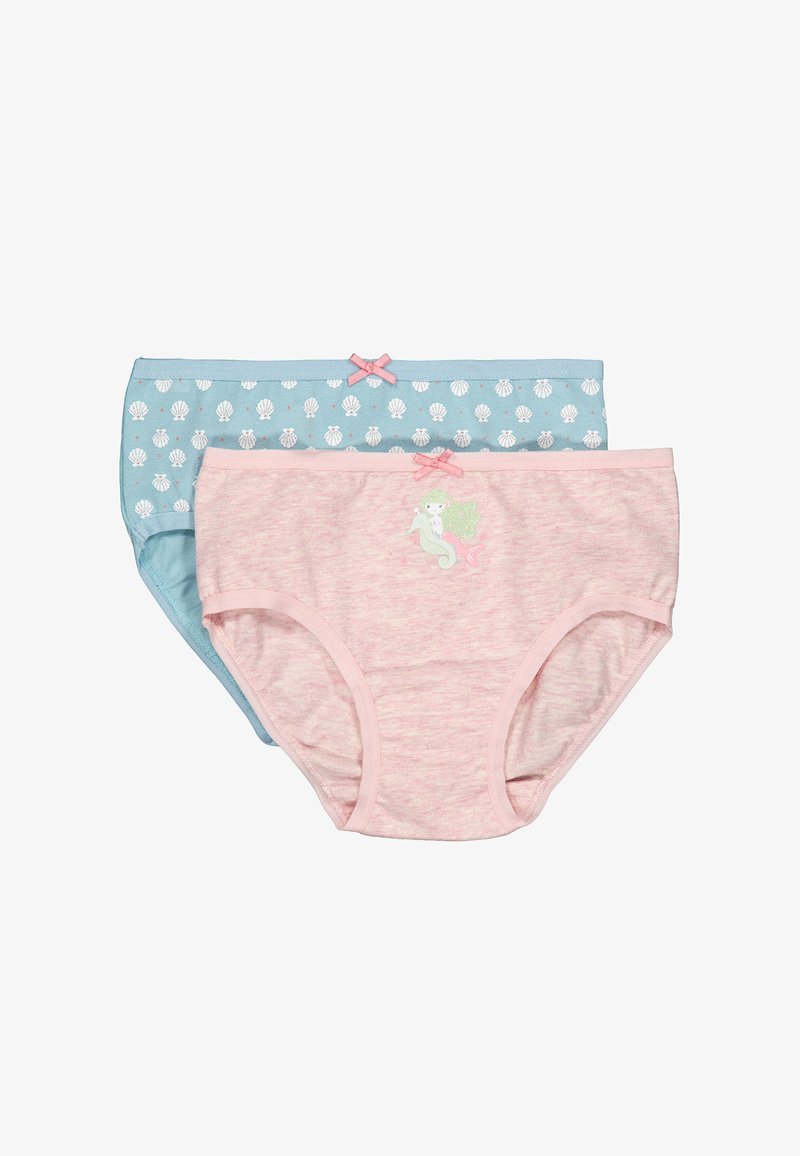 Braguitas para niñas, una rosa con un gráfico de sirena y un lazo, otra azul con patrones de conchas marinas blancas y un lazo.