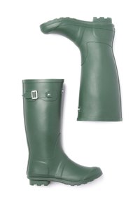 Grüne Gummiregenstiefel mit glatter Oberfläche, verstellbarem Schnallenriemen und strukturiertem Profil für besseren Halt.
