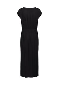 Black maxi dress made of soft fabric, featuring short sleeves, a round neckline, and a gathered waist with flowing skirt.