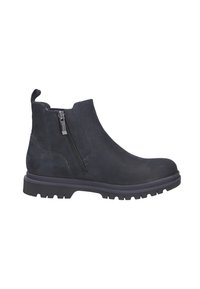 Stivaletti neri in suede con zip laterali, superficie texture, tacco rinforzato e suola in gomma robusta per una maggiore presa e durata.