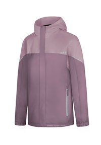 Lila wasserdichte Jacke mit Kapuze, die einen leichten Glanz hat, kontrastierende türkisfarbene Akzente aufweist und eine mit Reißverschluss versehene Tasche an der Seite besitzt.