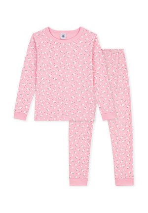 Pinkes Schlafanzug-Set mit langem Arm und kleinem weiß-rotem Blumenmuster, elastischem Bund bei der Hose sowie gerippten Bündchen an Ärmeln und Knöcheln.