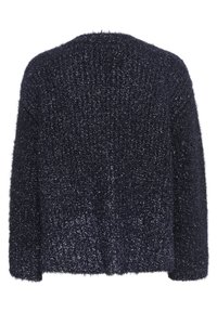 Navy blue fluffy cardigan made from textured fabric, featuring long sleeves and a relaxed fit. Simple back design with no fastenings.