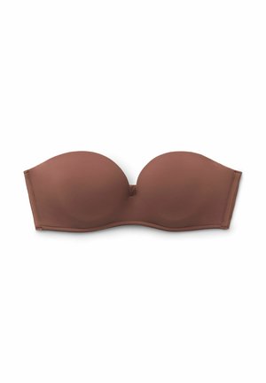 Soutien-gorge marron rembourré sans bretelles avec des bonnets lisses et un léger détail froncé au centre, conçu pour offrir un maintien sans bretelles.