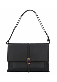 Borsa a tracolla nera in pelle con finitura testurizzata, forma rettangolare, patta frontale e chiusura dorata. Ha una sottile tracolla regolabile.