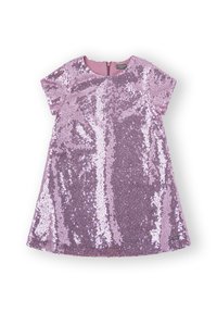 Vestido de manga corta en púrpura claro con una superposición de lentejuelas, escote redondo y cierre de cremallera en la parte posterior. Silueta acampanada tipo A.