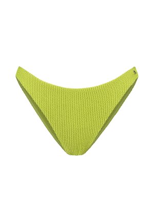 Texturierte bikinihöschen in limettengrün mit hohem beinansatz und feinem wellenmuster, isoliert auf weißem hintergrund.