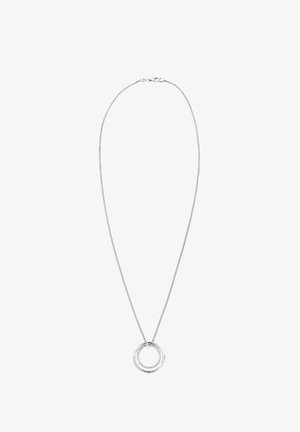 Sølv halskæde med en fin kæde og to sammenflettede runde vedhæng, et glat og et tekstureret.