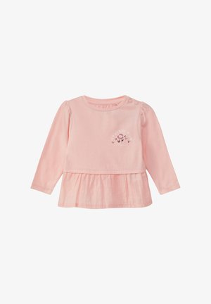 Roze lange mouwen overhemd met een gathered hem, met de tekst "HAVING FUN" en bloemaccenten. Gemaakt van zachte stof met drukknoopjes op de schouder.