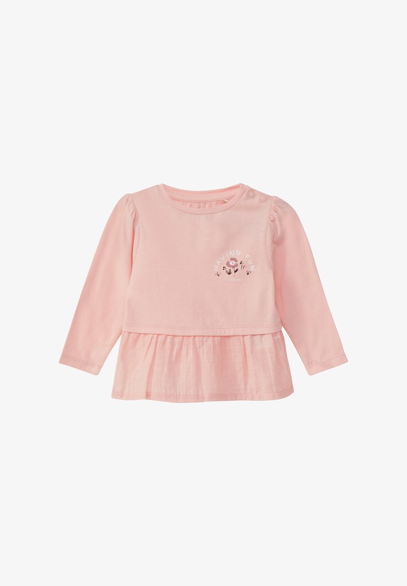 Chemise rose à manches longues avec un ourlet froncé, ornée du texte "HAVING FUN" et d'accents floraux. Fabriquée en tissu doux, avec des boutons-pression sur l'épaule.