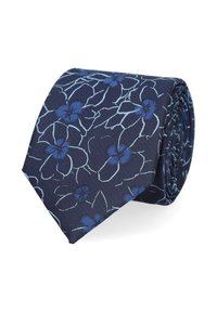 Granatowy krawat w kwiatowy wzór w odcieniach niebieskiego i jasnoniebieskiego. Wykonany z teksturowanej tkaniny, charakteryzuje się klasycznym zakończeniem w kształcie spiczastym.