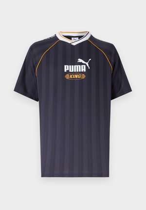 Navy striped sports shirt with short sleeves, white and yellow collar trim, and white Puma King logo on chest.