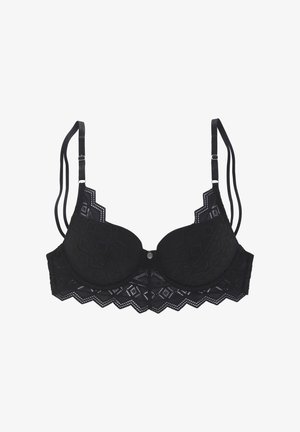 Soutien-gorge en dentelle noire avec motif géométrique, bonnets lisses, bords festonnés et bretelles réglables. Comprend une fermeture à l'avant.