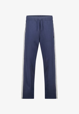 Marineblauwe sweatpants gemaakt van een katoenmix, met een taille met trekkoord, taps toelopende pijpen en witte zijstrepen voor extra detail.