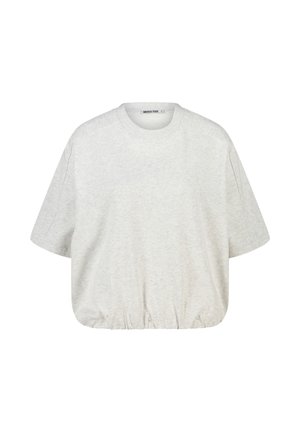 Lichtgrijze korte mouwen sweatshirt met ronde hals en elastische zoom, weergegeven op een witte achtergrond.