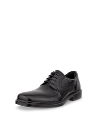 Sort læder herresko til formelt brug med snørebånd, syningsdetaljer og lav hæl på hvid baggrund.