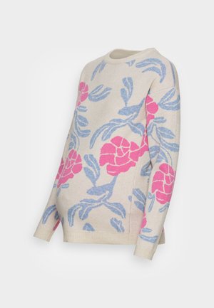 Beige knit sweater featuring a floral pattern with pink roses and blue leaves. Long sleeves and a round neckline. Soft texture.