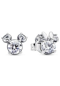 Strieborné náušnice s briliantmi, ktoré obsahujú okrúhle a oválne číre drahokamy, navrhnuté s akcentom mašle a siluetou Mickey Mouse.