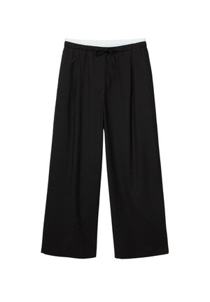 Pantalons larges noirs en tissu léger avec une taille élastique et un cordon de serrage ajustable. Présente une texture douce et un design plissé.