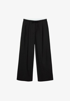Schwarze weit geschnittene Hose aus leichtem Stoff mit elastischem Bund und verstellbarem Kordelzug. Verfügt über eine weiche Textur und ein gepflügtes Design.