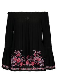 Top nero scollato sulle spalle con vita elastica, caratterizzato da ricami floreali rosa e viola lungo l'orlo e le maniche, in tessuto leggero.