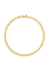 Gold-toned metal bracelet featuring interlocking flat links and a secure lobster clasp closure. Smooth surface with a polished finish.