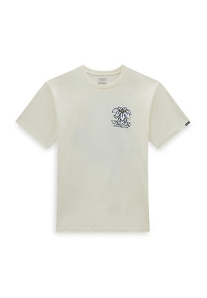 Off-white Vans T-shirt met korte mouwen, ronde hals en een klein zwart-wit bloemenlogo met de tekst "Vans sinds zes-zestig" op de linkerborst.