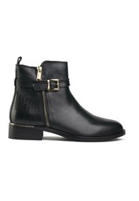 Black leather ankle boots with a textured crocodile pattern on the side, featuring a gold-tone zipper and strap accent, low block heel.