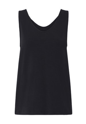 Débardeur noir sans manches avec encolure dégagée, ourlet droit et coupe décontractée sur fond blanc.