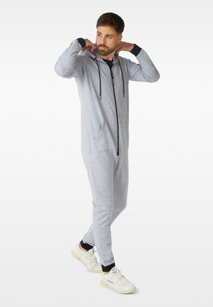 Light gray zippered jumpsuit with a hood, featuring two front pockets, ribbed cuffs, and contrasting black accents on the hood and cuffs.