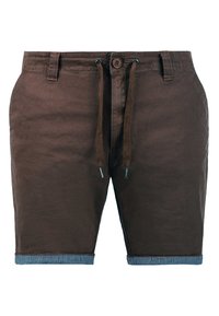 Shorts en coton brun avec taille à cordon de serrage, revers en denim et accents bleus contrastants sur les cordons. Lavable en machine.