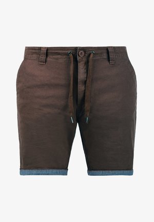 Braune Baumwollshorts mit einem Kordelzugbund, umgeschlagenen Denimabschlüssen und kontrastierenden blauen Akzenten an den Kordeln. Maschinenwaschbar.