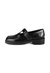 Black leather loafer with a low block heel, a buckle strap across the instep, and woven detailing on the toe.